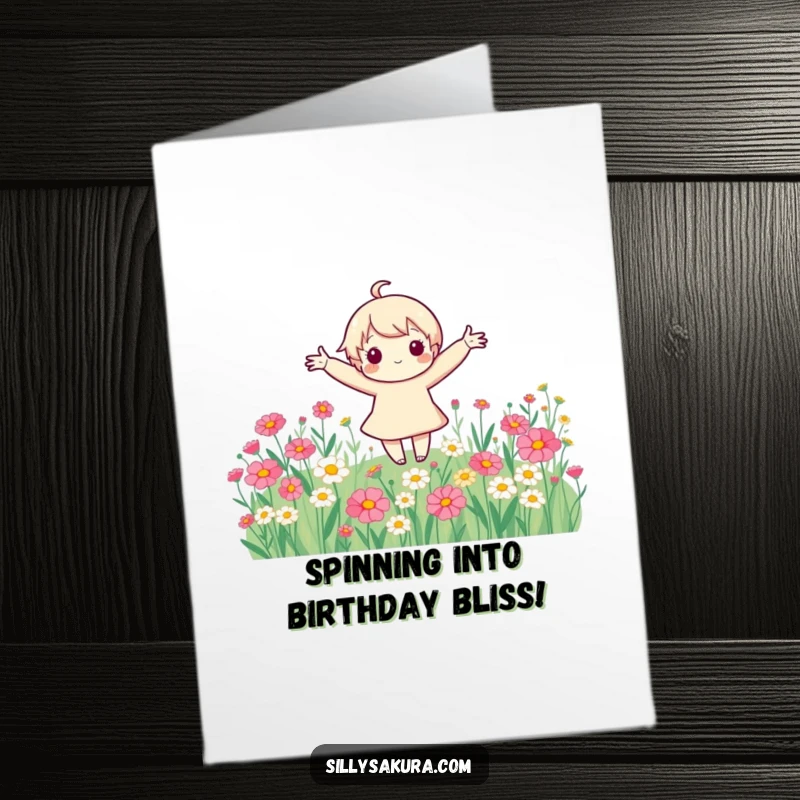 Funny Free Printable Birthday Card: A cute character spins joyfully with arms spread wide in a field of flowers.