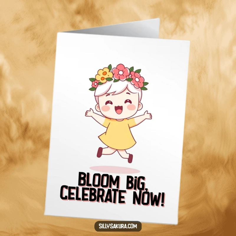 Funny Free Printable Congratulations Card: A character in a flower crown joyfully skips, celebrating success.