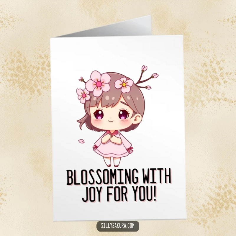 Funny Free Printable cherry blossom character surrounded by petals blowing in the wind, signifying new growth and congratulations.