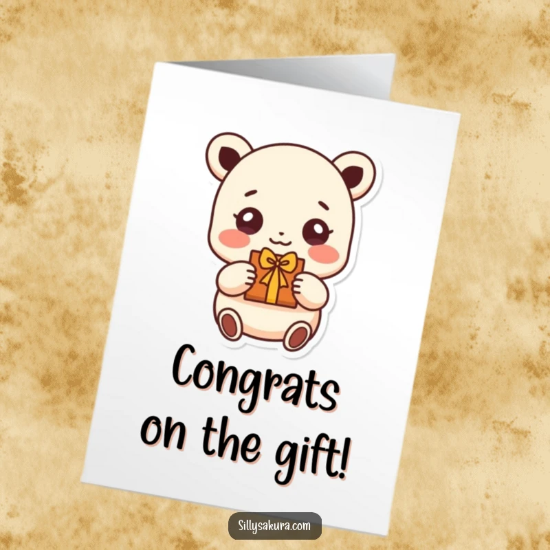 Funny Free Printable Congrats Card: A small character with bright, beaming eyes presenting a lovingly handmade gift.