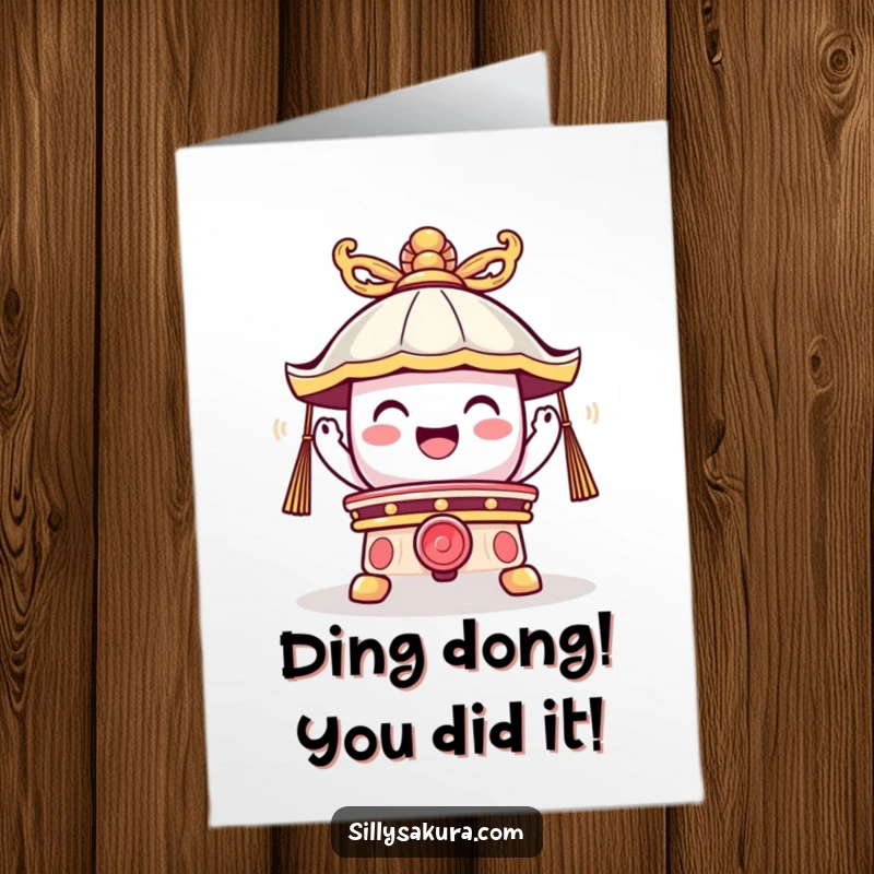 Funny Free Printable Congratulations Card: Cute temple bell character vibrating with joy, celebrating a wonderful milestone.