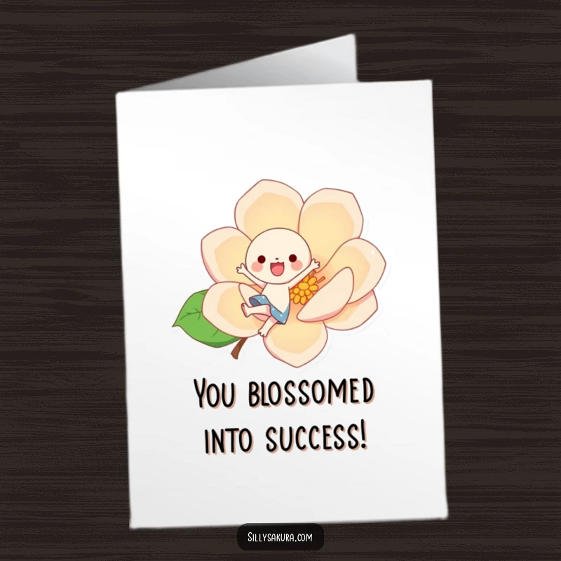 Funny Free Printable Congratulations Card: A kawaii character joyfully kicks a giant stylized blossom, celebrating success.