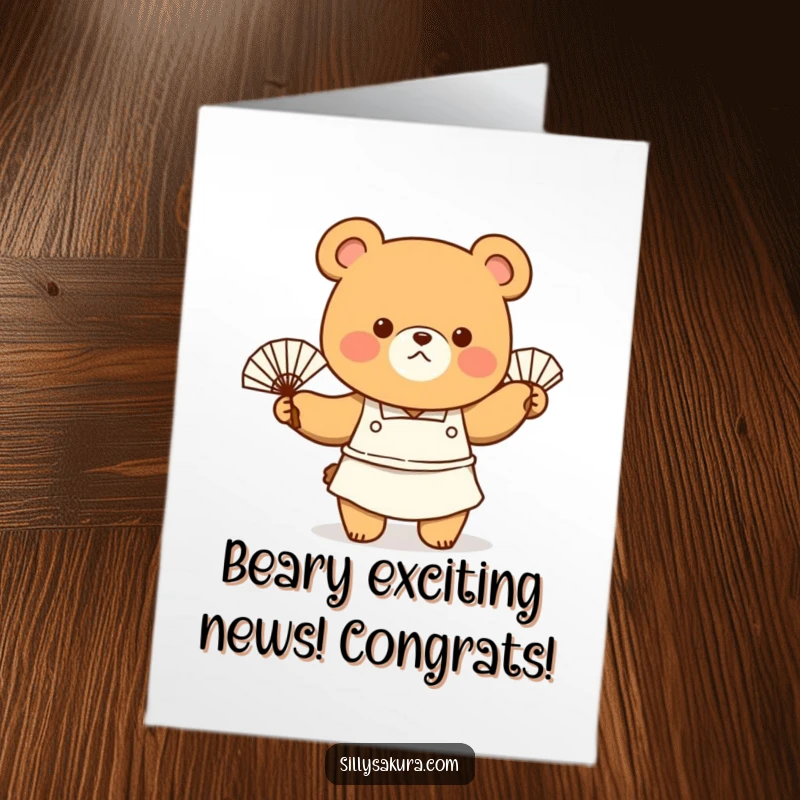 Funny Free Printable Congrats Card: Bear chef wearing apron enthusiastically waves a fan, celebrating a cool win.