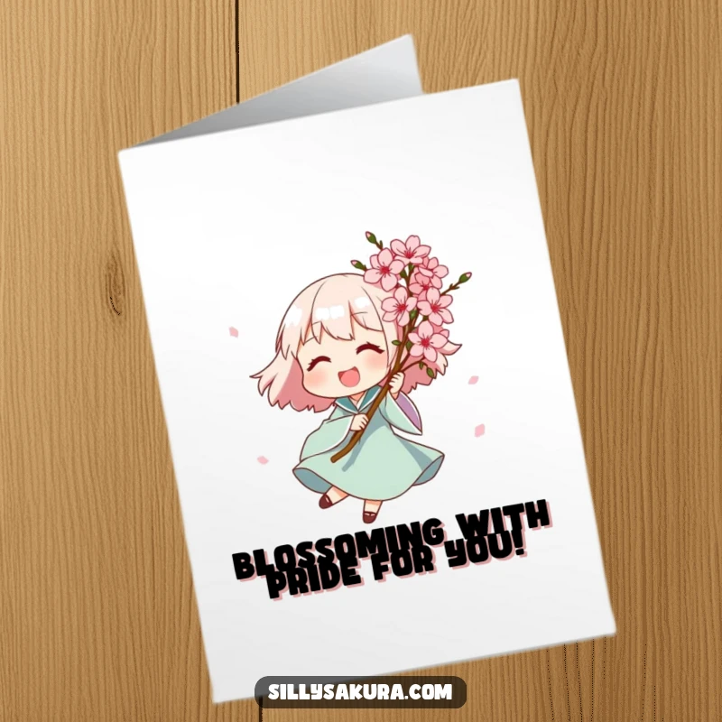 Funny Free Printable Congratulations Card: Joyful character spinning with exquisite pink blossoms, ideal for DIY congrats.