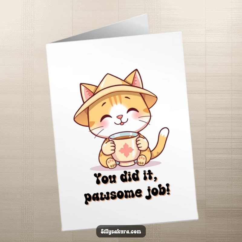 Funny Free Printable Congrats Card: Smiling cat wearing paper hat offers tea as a congratulatory toast.