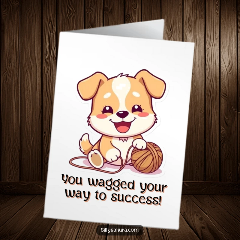 Funny Free Printable Congrats Card: Joyful dog character playing happily with a ball of yarn.