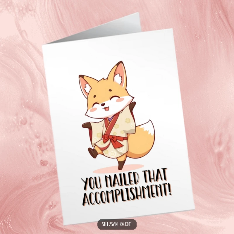 Funny Free Printable Congratulations Card: A fox in a kimono doing a cartwheel to celebrate.