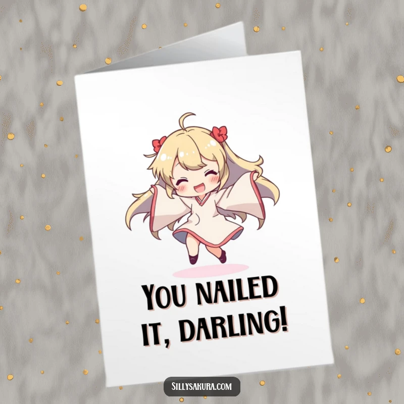 Funny Free Printable Congratulations Card showing a character wildly dancing with exaggerated, flowing sleeves in sheer delight.