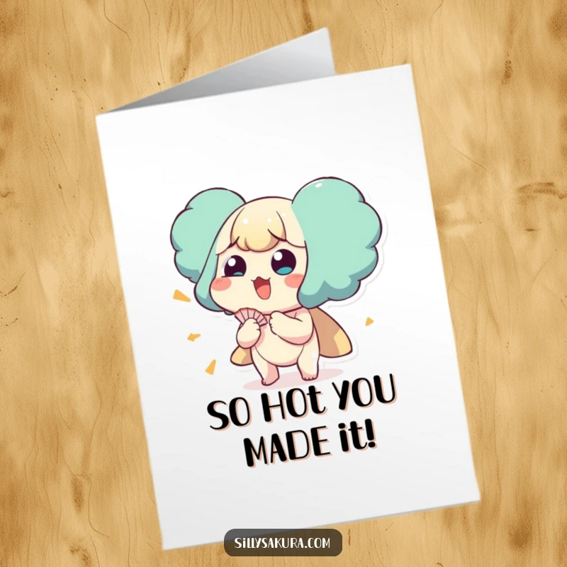 Funny Free Printable Congratulations Card: A character comically fans itself in the heat, perfect for congratulating any achievement.