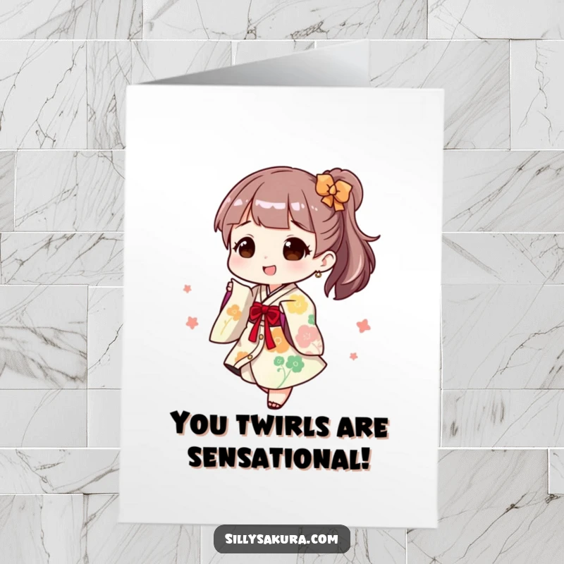 Funny Free Printable Congrats Card: Character joyfully dressed in a playful Kimono doing a twirl, celebrating success with flair.