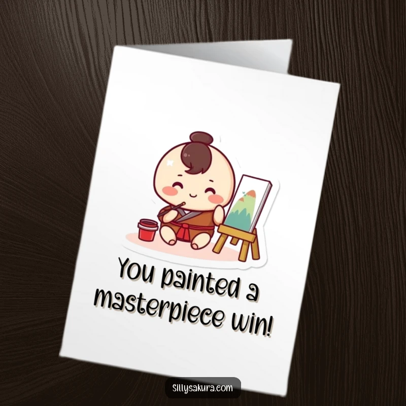 Funny Free Printable Congratulations Card: Small round Kawaii character happily painting traditional artwork, celebrating your amazing accomplishment.