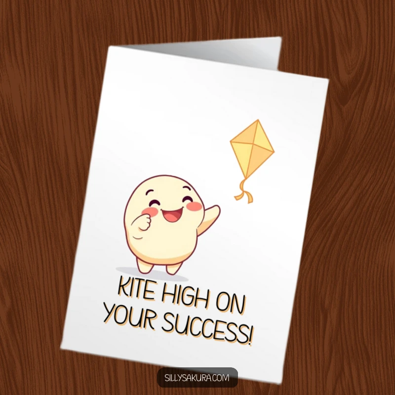 Funny Free Printable Congratulations Card: Grinning character enthusiastically pointing at a dancing paper kite, ideal DIY.