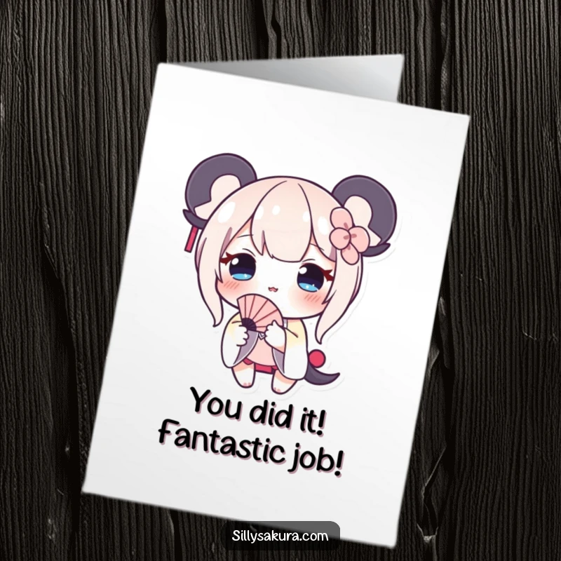Funny Free Printable Congratulations Card: Shy blushing character offers a tiny fan as a gesture of support and humor.