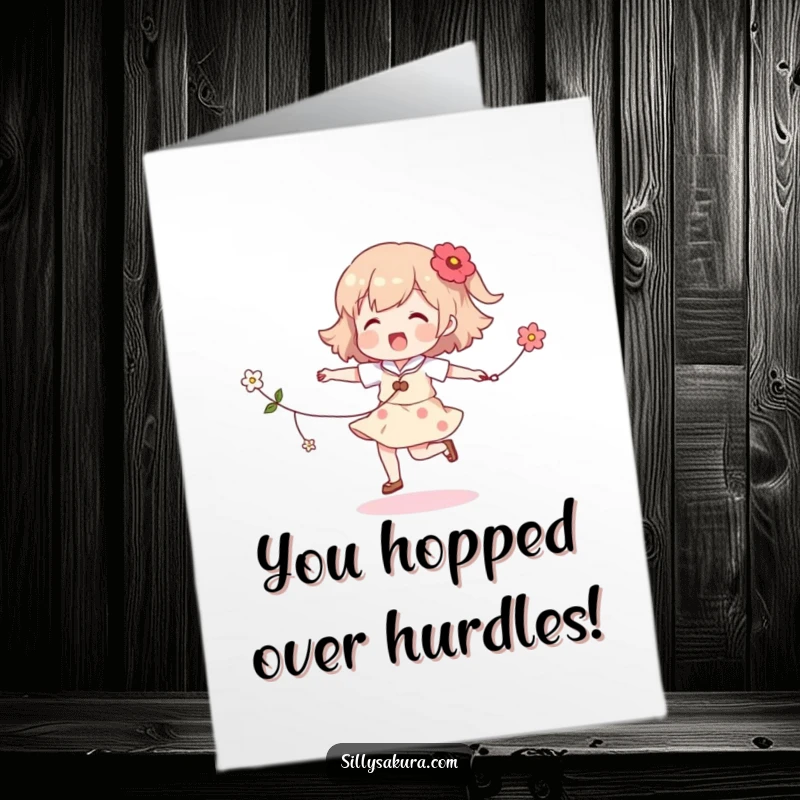 Funny Free Printable Congratulations Card: A character happily skips rope, trailing a string of flowers, celebrating milestones.