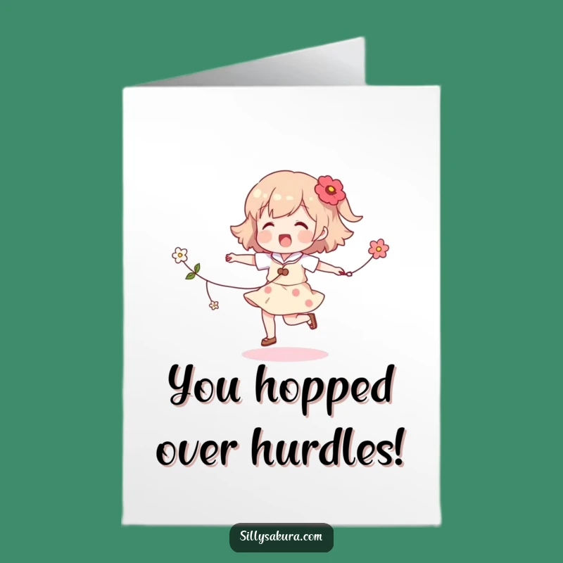 Free Printable Congrats Card: Skipping Character, Floral Downloadable Gift for Great Achievements