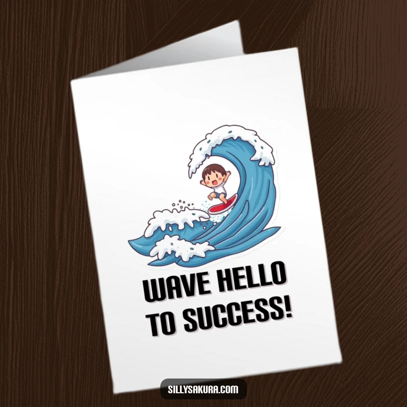 Funny Free Printable Congratulations Card: Energetic character surfing a giant wave, symbolizing triumphant achievement and exciting new beginnings.