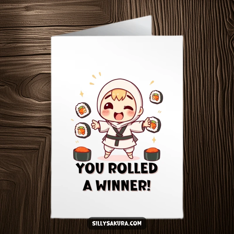Funny Free Printable Congratulations Card: A clumsy character comically juggles sushi rolls, perfect for celebrating any success.