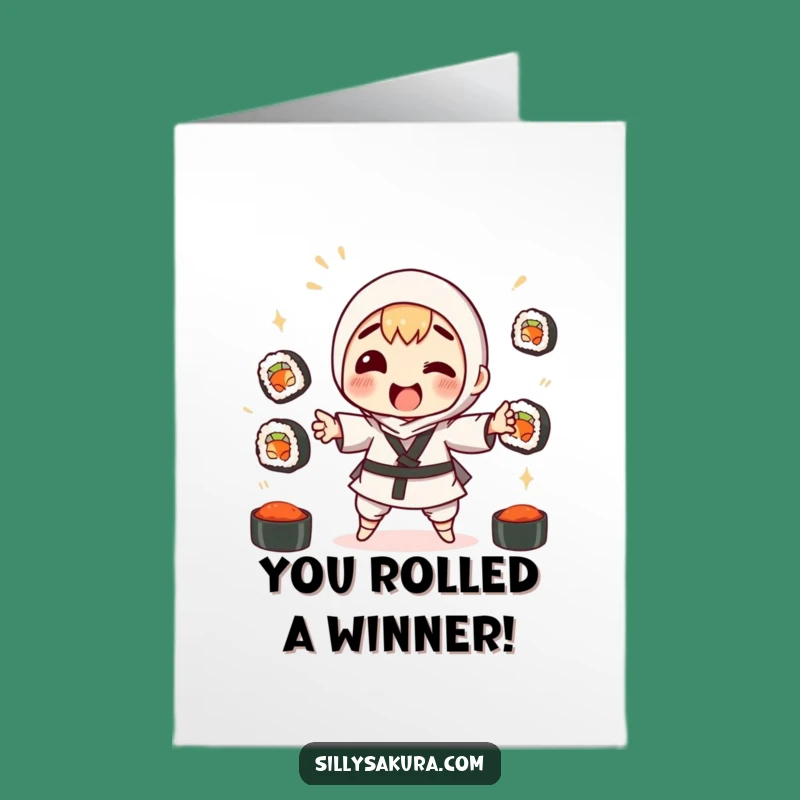 Free Printable Congrats Card: Sushi Juggling Character, Funny Downloadable for Any Win