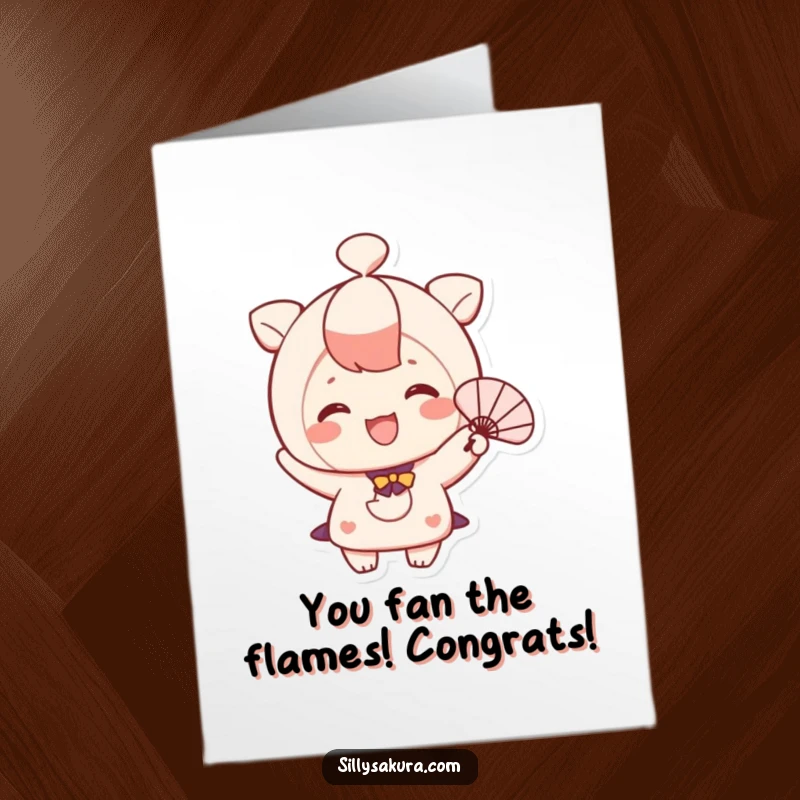 Funny Free Printable Congratulations Card: A cute character beams with a bright smile while waving a small fan, perfect for a DIY gift.