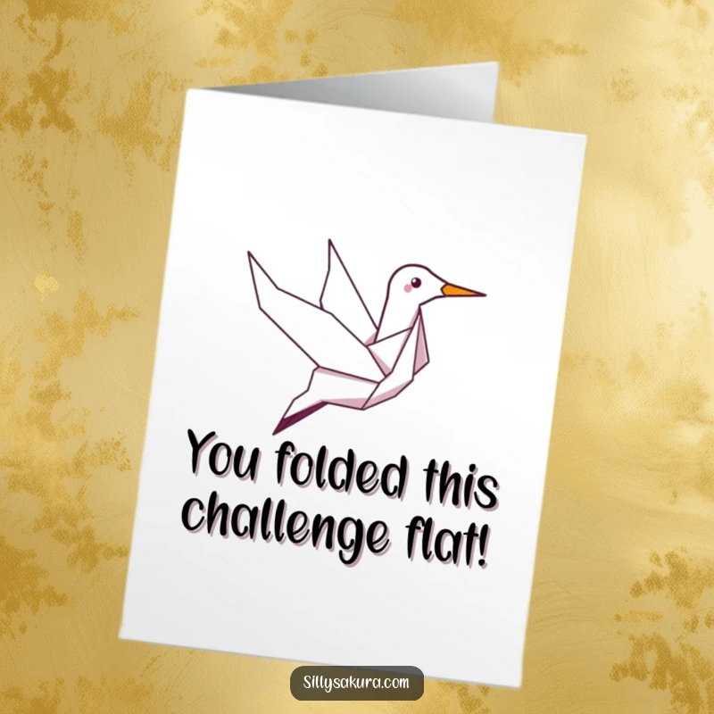 Funny Free Printable Congratulations Card: Giggling origami crane gracefully soaring, celebrating a grand success.