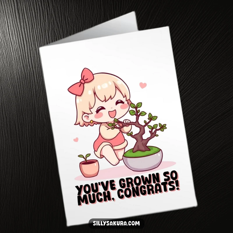 Funny Free Printable Kawaii congratulations card, a cute character joyfully tending a miniature bonsai tree, celebrating success.