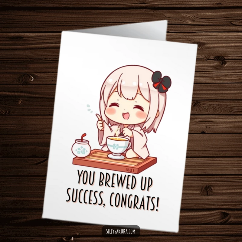 Funny Free Printable Kawaii congratulations card, a cute character performing a serene tea ceremony gesture, perfect for celebrating.
