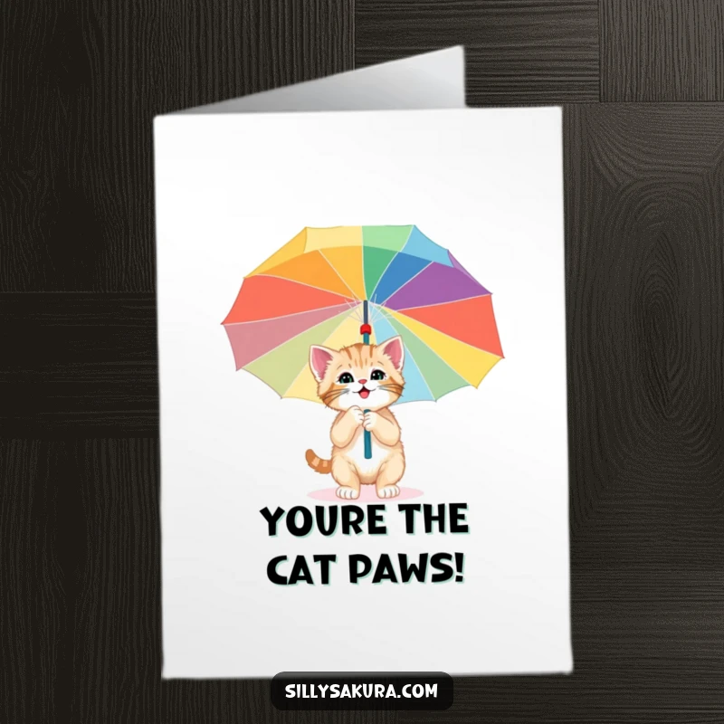 Funny Free Printable Congratulations Card: A happy kitten finds adventure inside a giant, vibrant paper umbrella.