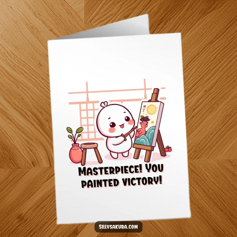 Funny Free Printable Congrats Card: A round Kawaii character happily painting traditional artwork, celebrating achievements.