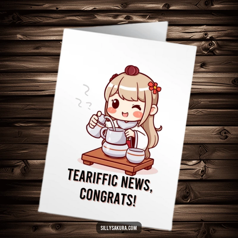 Funny Free Printable Congratulations Card: Character smiling while pouring tea, celebrating a special achievement.
