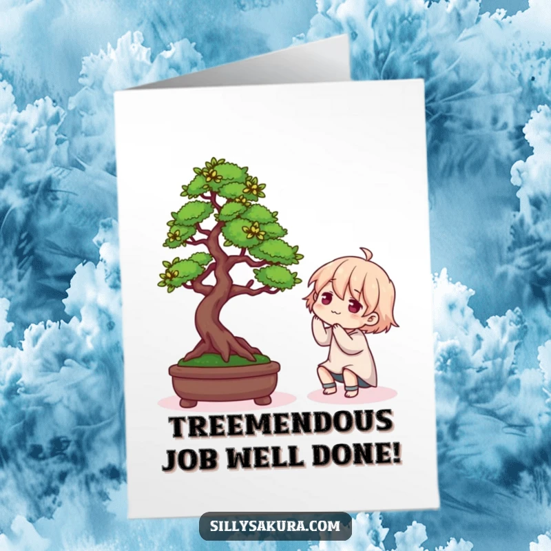 Funny Free Printable Congratulations Card: Character triumphantly admires a perfectly arranged Bonsai tree, celebrating meticulous success.