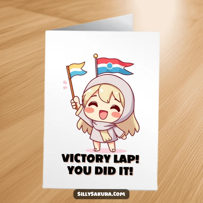 Funny Free Printable Congratulations Card: Enthusiastic character proudly waving a colorful flag, ideal for DIY congratulations.