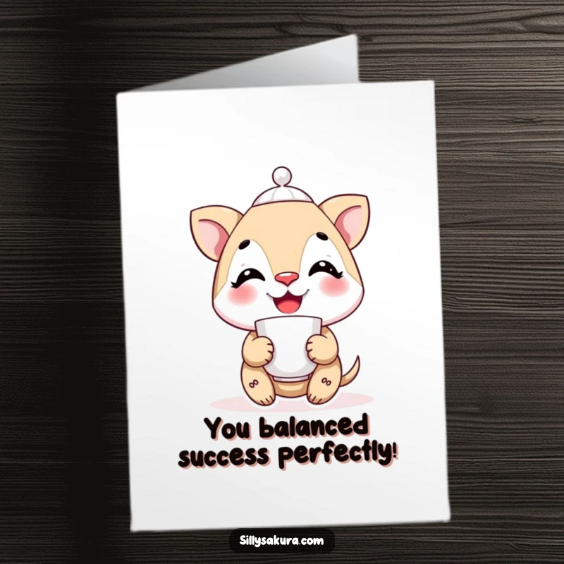 Funny Free Printable Congratulations Card: A smiling character balances a teacup precariously on its nose, celebrating success.