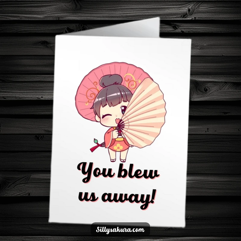 Funny Free Printable Congrats Card: Character comically trying to pose with a large decorative fan, celebrating with humor.