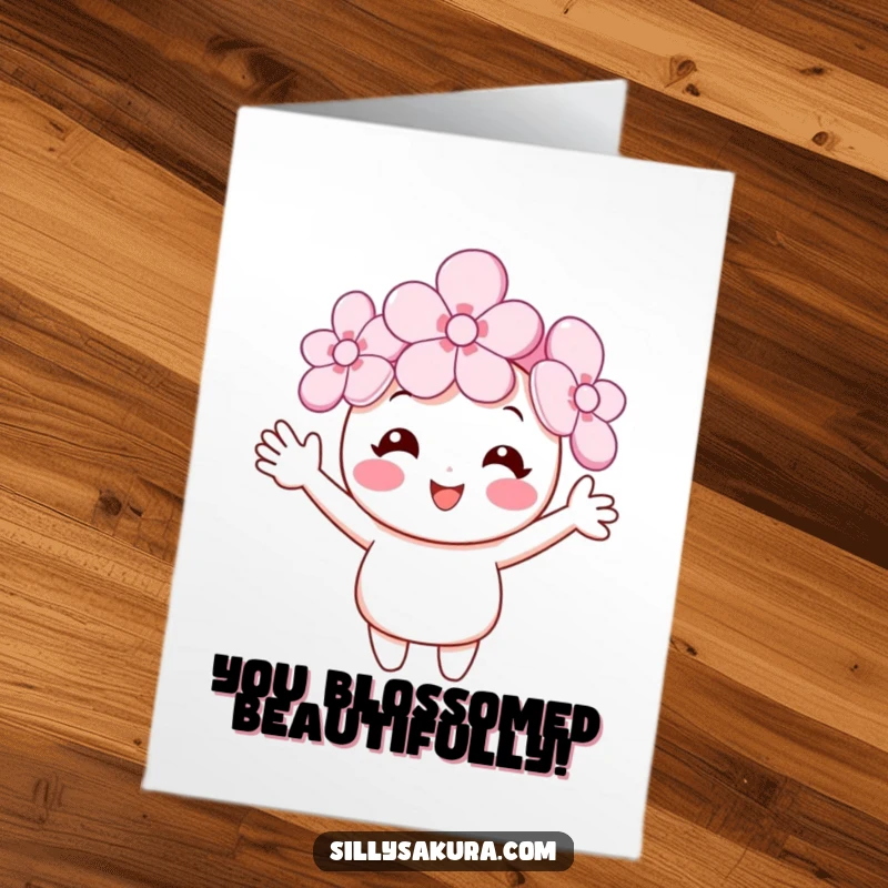 Funny Free Printable Congratulations Card: Smiling cherry blossom character waving hello, celebrating achievements. Congrats!