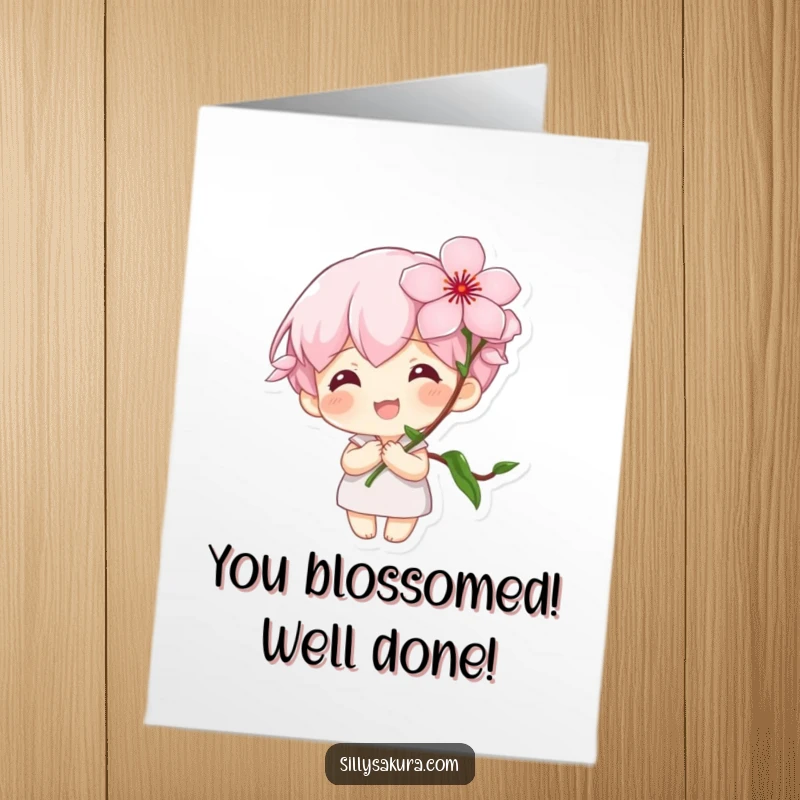 Funny Free Printable Congrats Card: Tiny character with a large smile holding a blooming cherry blossom, celebrating success with joy.