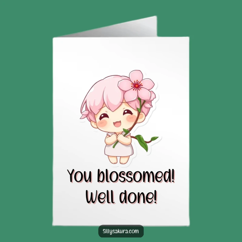 Free Printable Congrats Card: Tiny Blossom Character, a funny downloadable gift for blooming success!