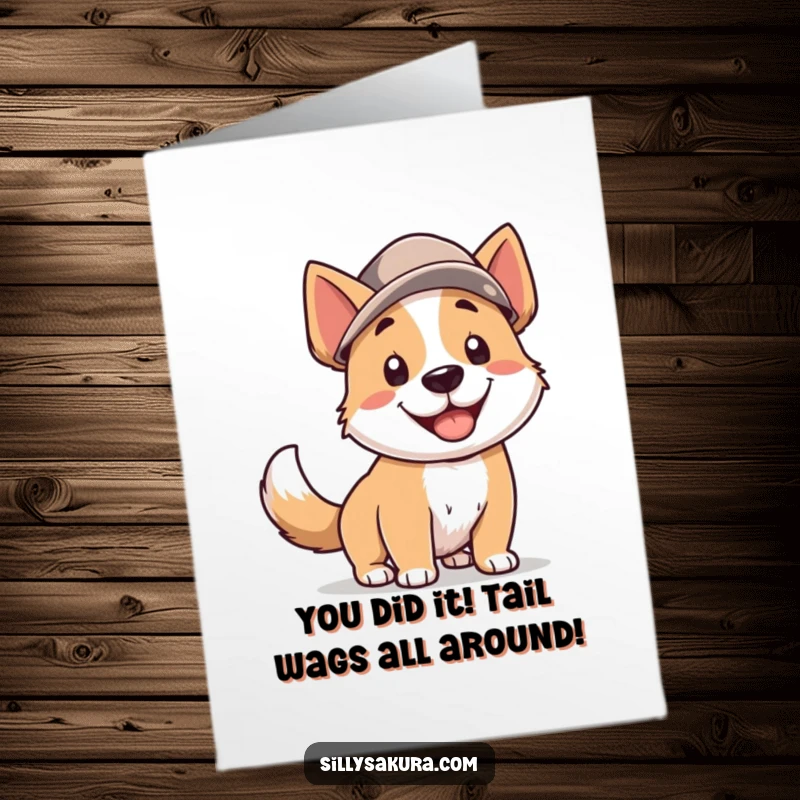 Funny Free Printable Congratulations Card, ecstatic dog wearing a hat, celebrating success with a furiously wagging tail