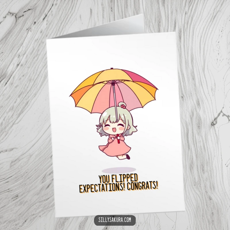 Funny Free Printable Congratulations Card: Character happily skipping while holding a bright umbrella upside down, celebrating good news with cheerful abandon.