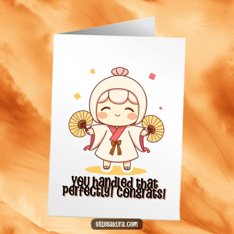 Funny Free Printable Congratulations Card featuring a cute Kokeshi doll character expertly juggling three tiny fans, celebrating a win.