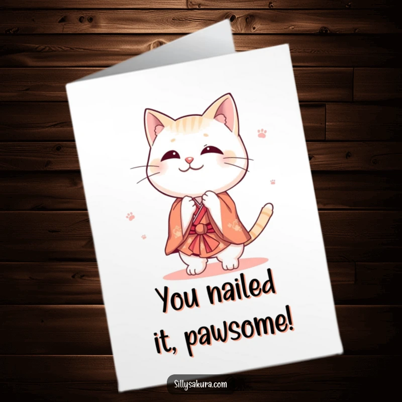 Funny Free Printable Congratulations Card: Cute cat in a tiny kimono performing a playful bow. Congratulations!