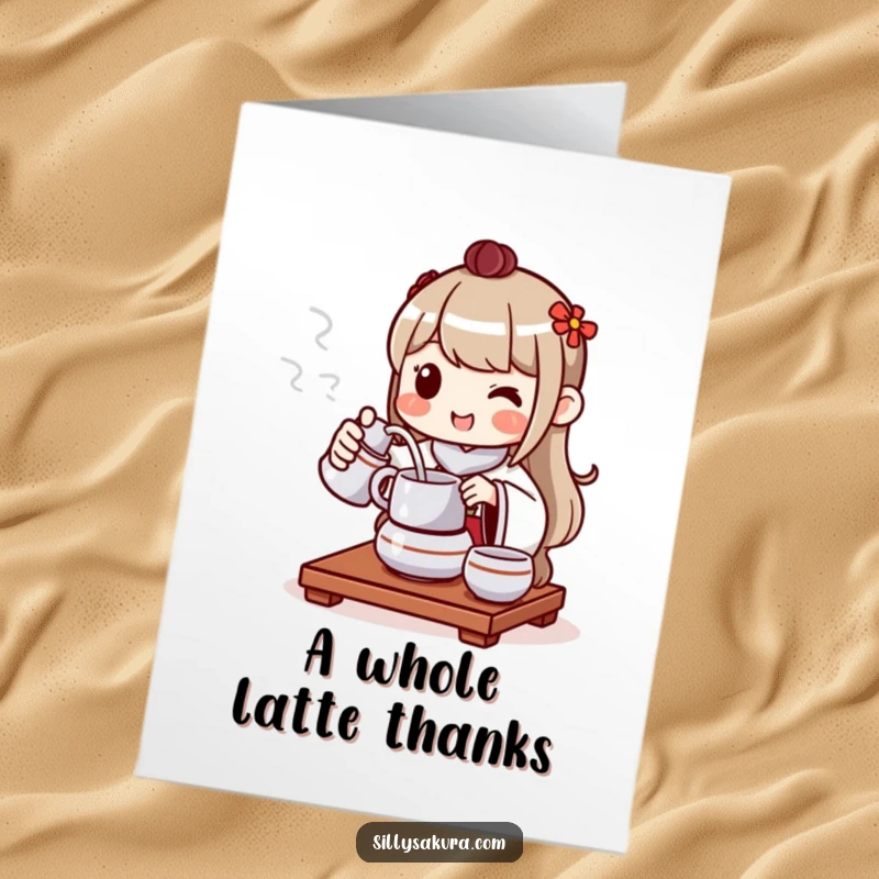 Funny Free Printable Thank You Card: Cheerful character pours tea with a smile, expressing gratitude.