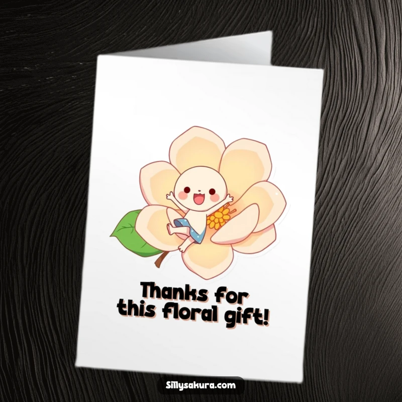 Funny Free Printable Thank You Card: A kawaii character joyfully kicks a giant stylized blossom, expressing thanks.