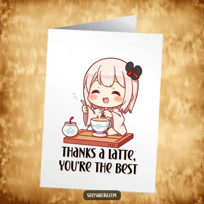 Funny Free Printable Kawaii thank you card, a cute character in a tea ceremony pose, conveying gratitude with humor.