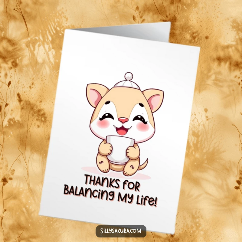 Funny Free Printable Thank You Card: A smiling character balances a teacup precariously on its nose, showing thanks.