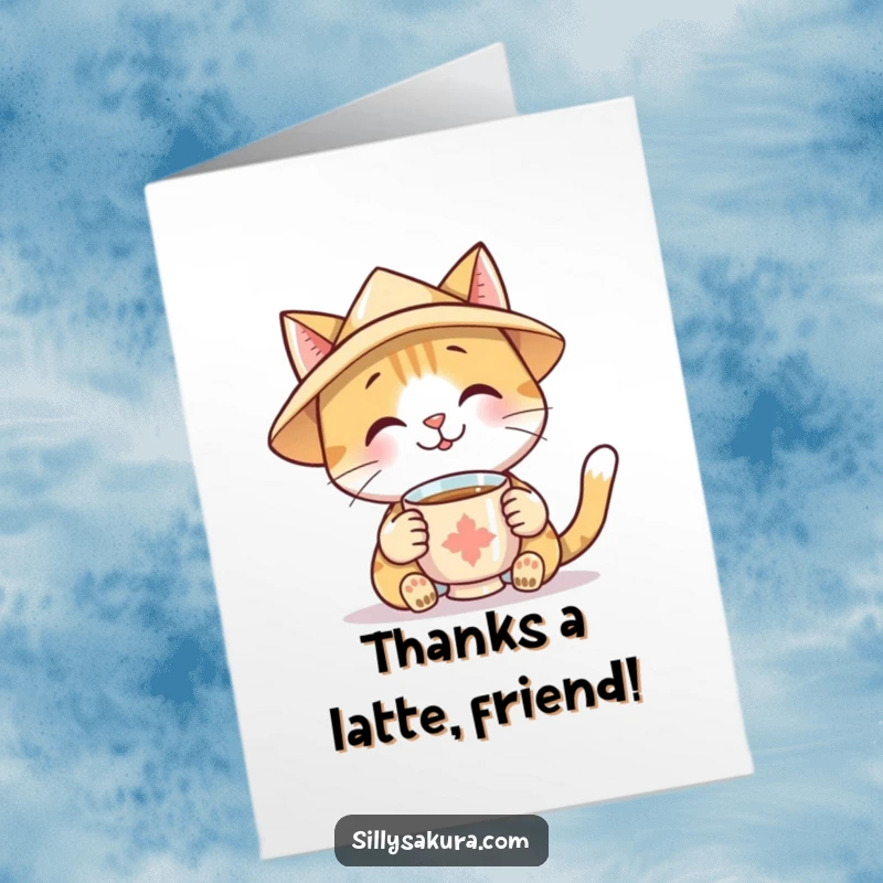 Funny Free Printable Thank You Card: Smiling cat in a party hat offers a soothing cup of tea gratefully.