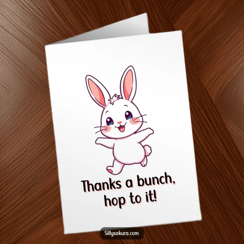 Funny Free Printable Thank You Card: Cheerful rabbit hopping happily, ears perked, showing immense gratitude.