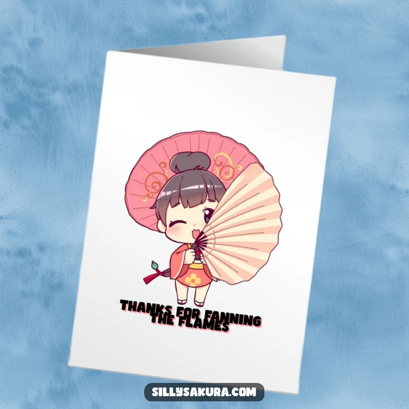 Funny Free Printable Thank You Card: Character comically trying to pose with a large decorative fan, expressing thanks humorously.