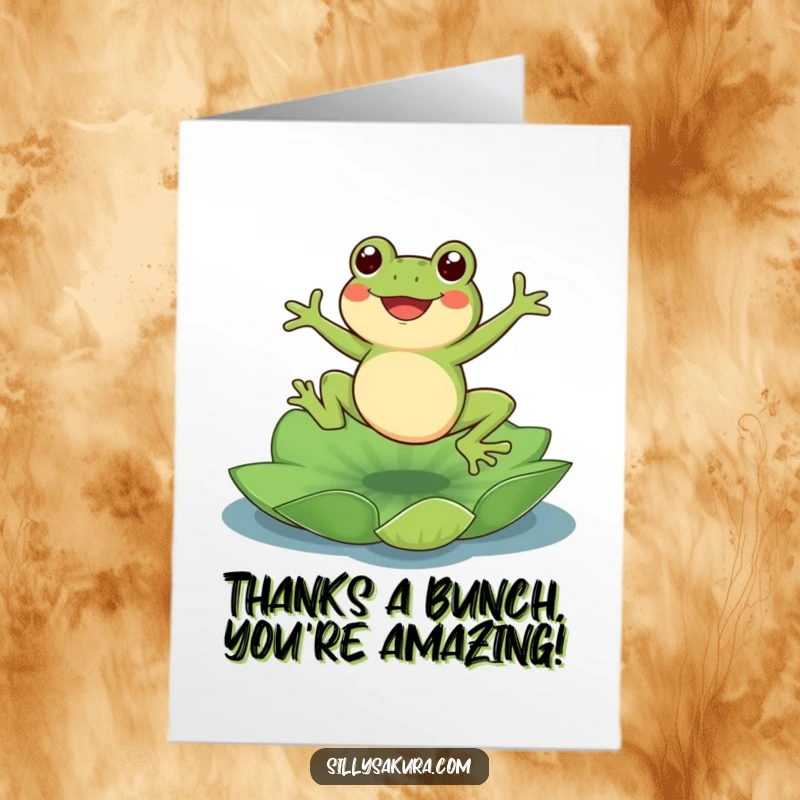 Funny Free Printable Thank You Card, a cute frog jumping onto a lotus pad with a grateful expression