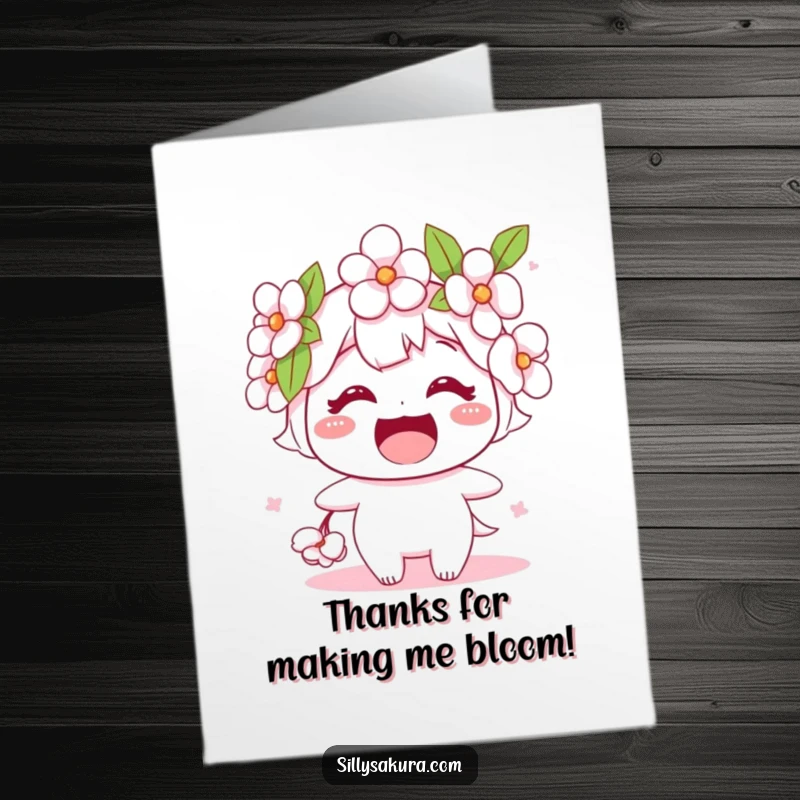 Funny Free Printable Thank You Card with a happy cherry blossom character spreading gratitude and smiles, a lovely downloadable gift.