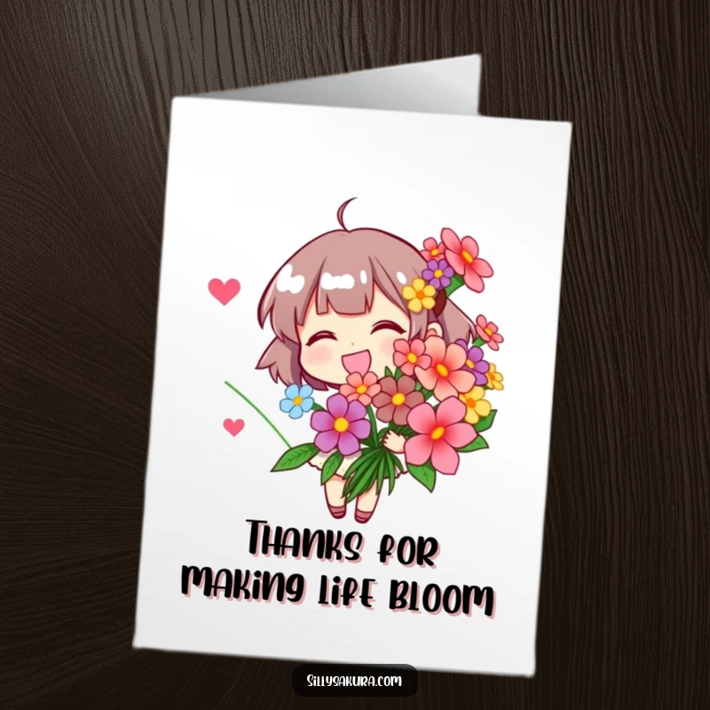 Funny Free Printable Thank You Card featuring a character holding a lovely bouquet of stylized flowers, expressing gratitude with natural beauty.